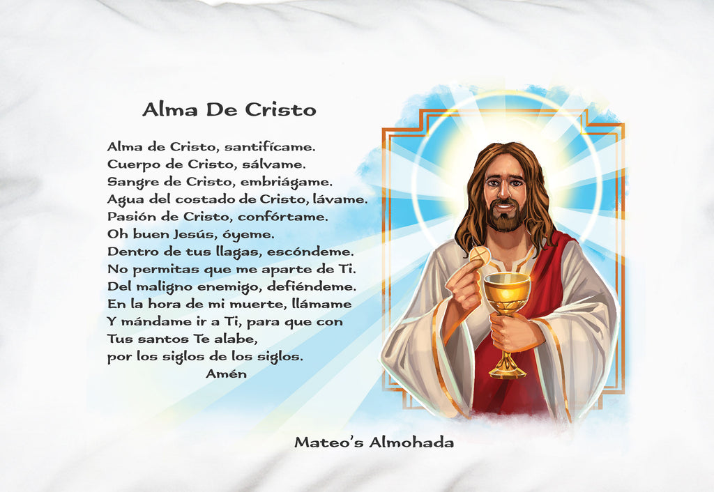 Close-up of white pillowcase with picture of Jesus and the Anima Christi prayer, personalized with customer's name.