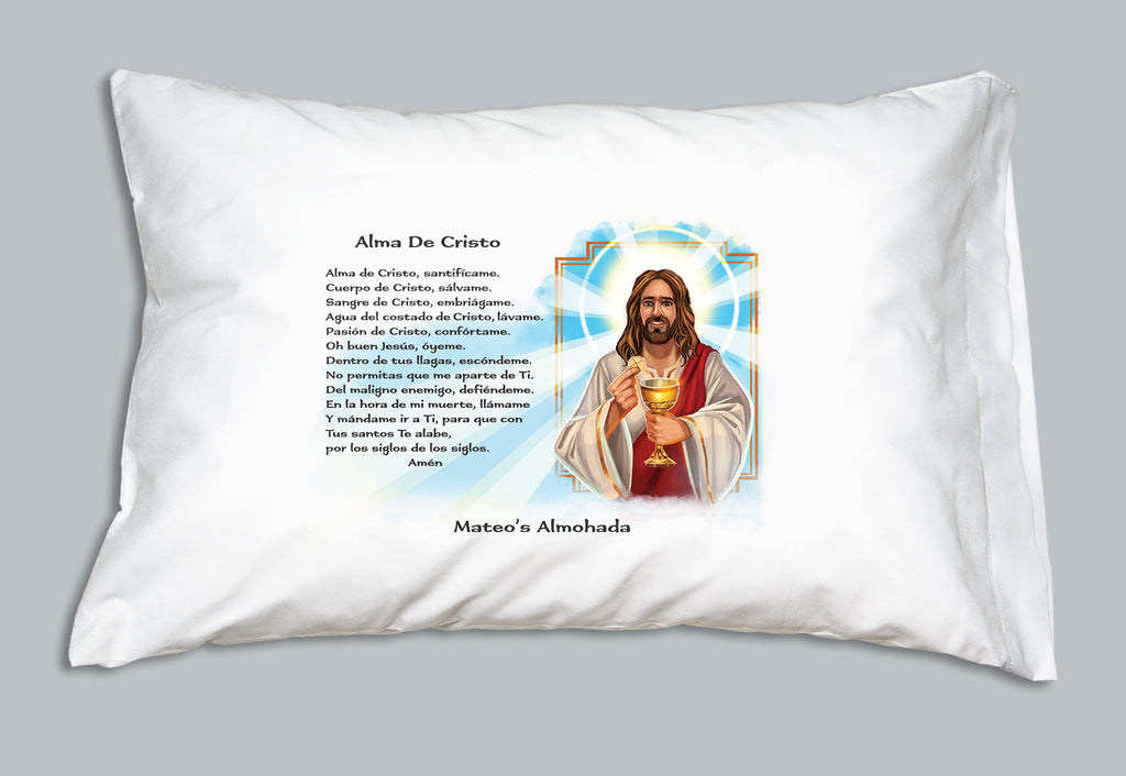 White pillowcase with picture of Jesus and the Anima Christi prayer, and personalized with the customer's name.