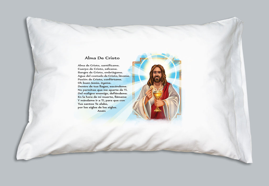 Alma De Cristo  prayer with picture of Jesus on a white pillowcase.