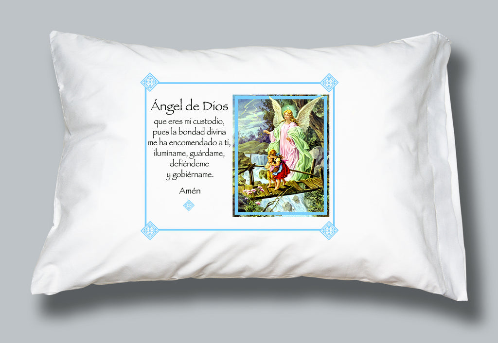 White pillowcase featuring image of and angel and Angel de Dios (Angel of God) prayer in Spanish