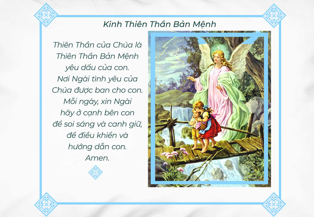 Detail of white pillowcase with Guardian Angel picture and prayer in Vietnamese.