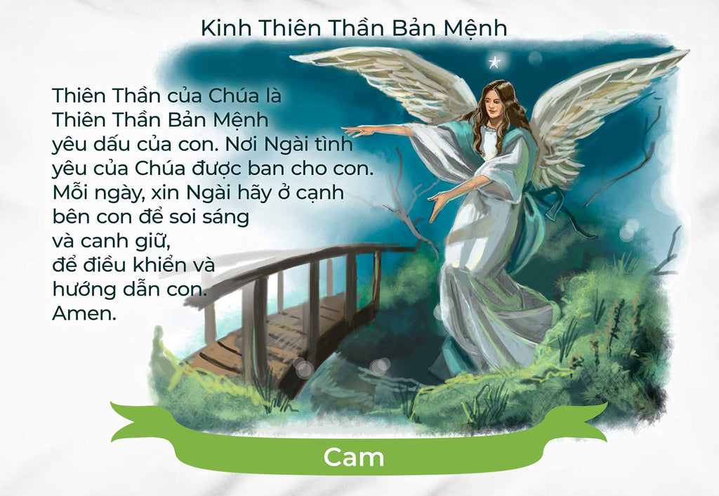 Detail of white pillowcase with personalized banner and image of an angel and the words of the guardian angel prayer in Vietnamese.