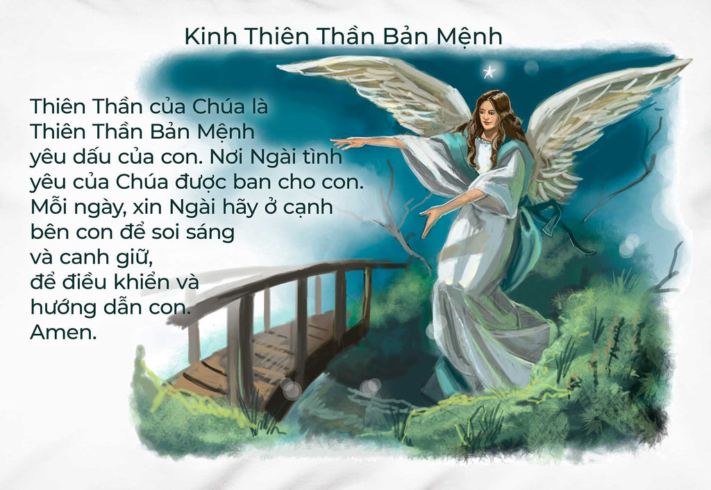 Detail of white pillowcase with image of an angel and the words of the guardian angel prayer in Vietnamese.