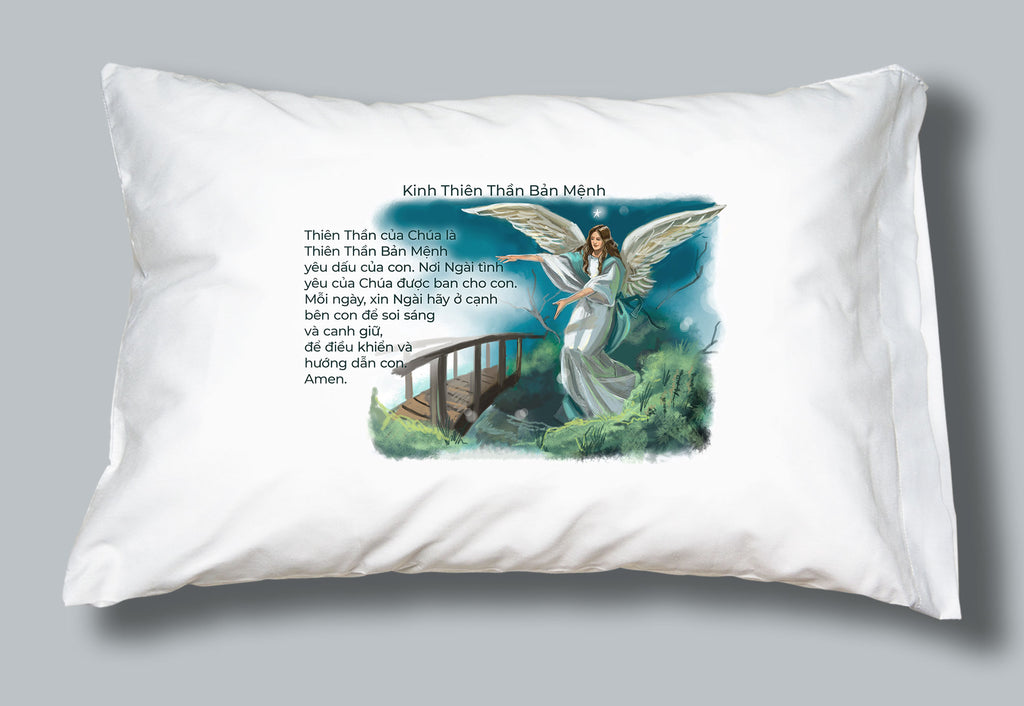 White pillowcase with image of an angel and the words of the Catholic  Angel of God prayer in Vietnamese.