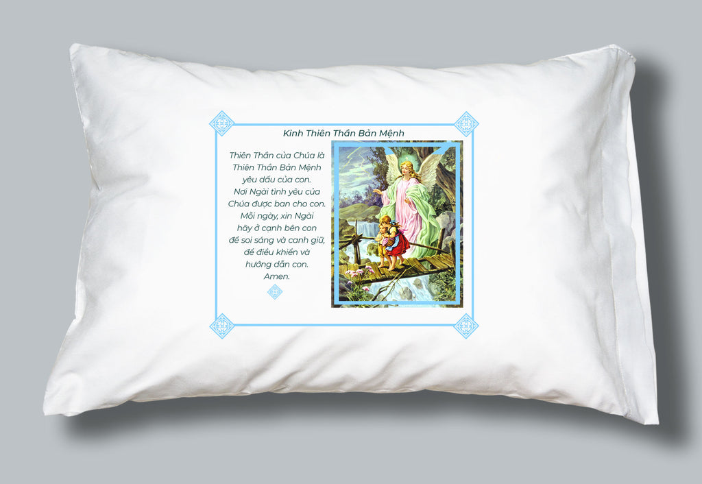 White pillowcase with Guardian Angel picture and prayer in Vietnamese.