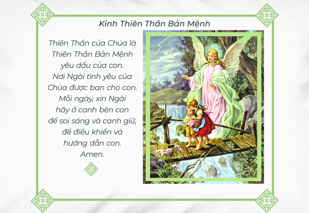 Detail of white pillowcase with image of an angel and the words of the guardian angel prayer in Vietnamese.