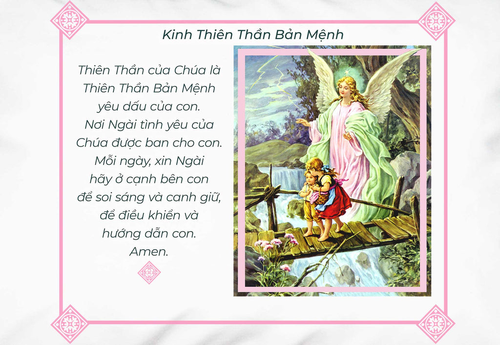 Detail of white pillowcase with picture  of Guardian Angel and prayer in Vietnamese.