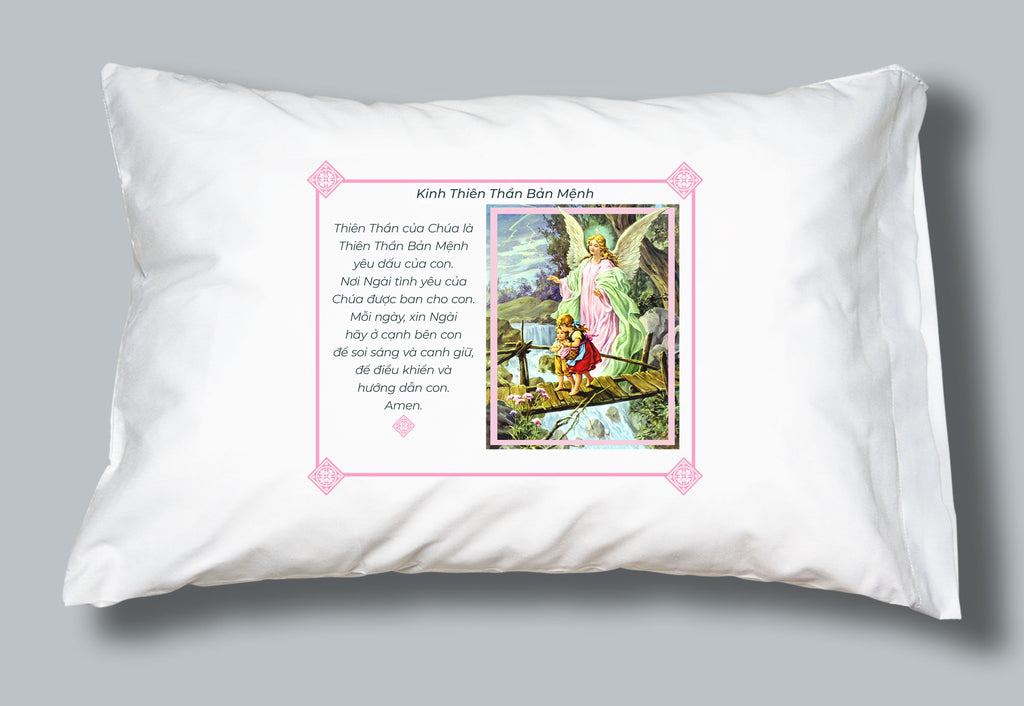 White pillowcase with classic picture  of Guardian Angel and prayer in Vietnamese.