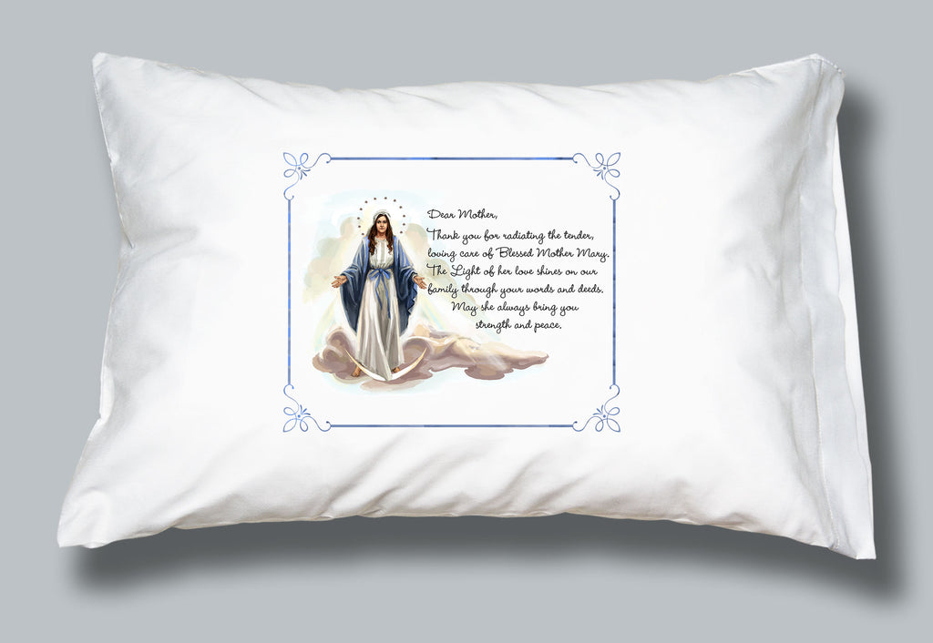 White pillowcase with an image of the Blessed Virgin Mary and a note of gratitude to Mothers.
