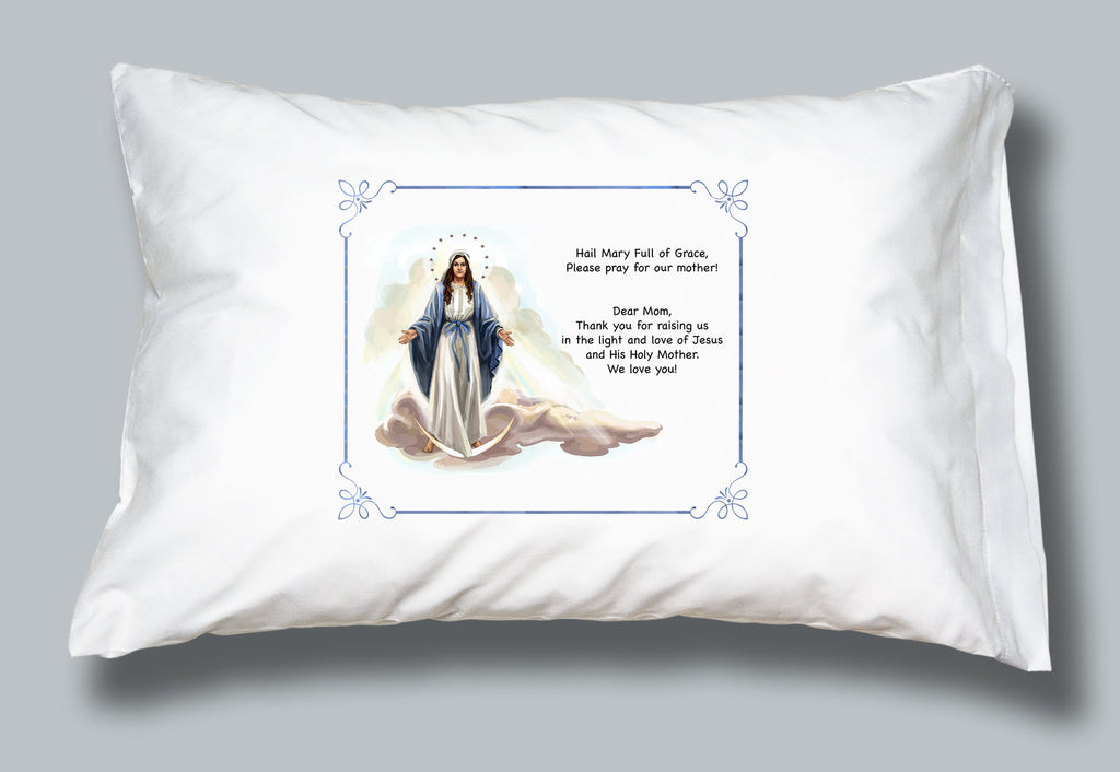 White pillowcase with an image of Mary and a thank you prayer to Mom
