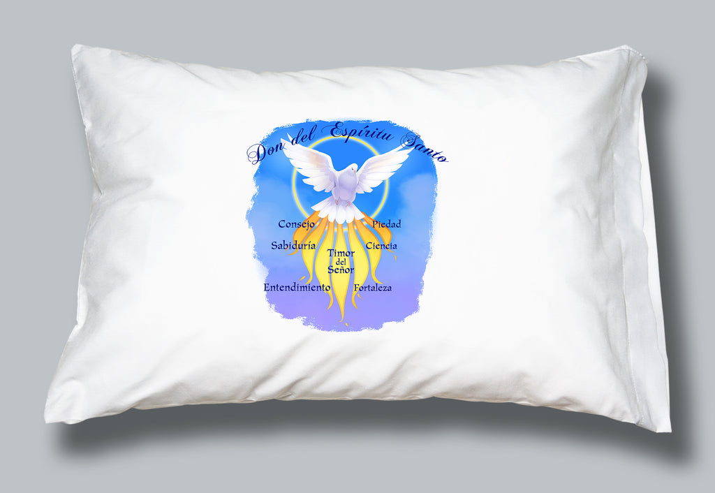 White pillowcase featuring image of a dove and the Gifts of the Holy Spirit in Spanish