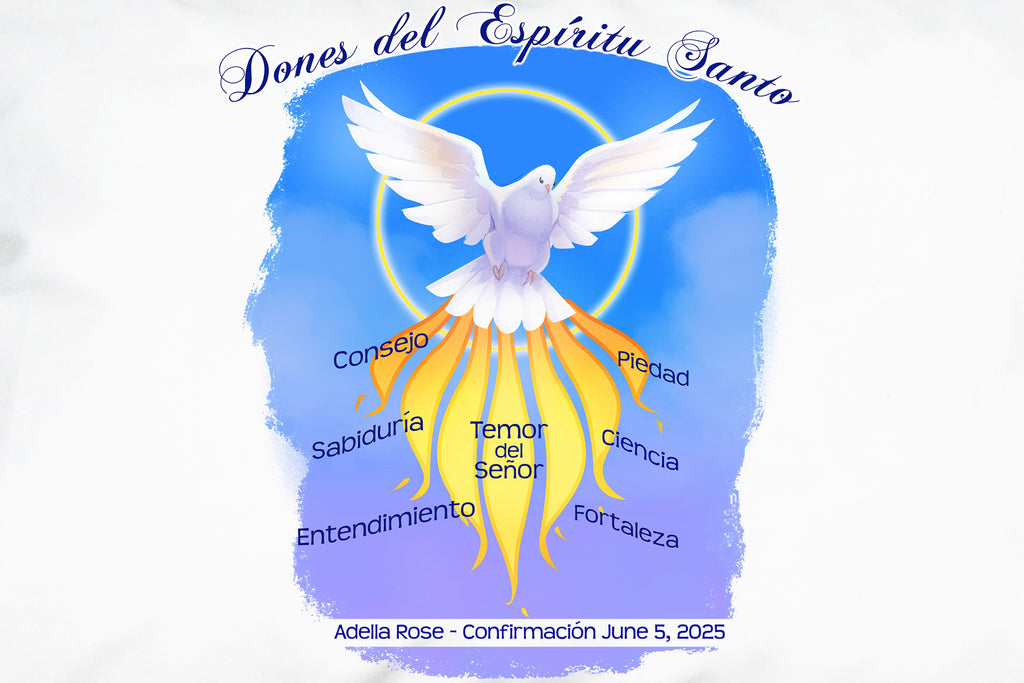 White pillowcase with Holy Spirit Dove and Gifts of the Spirit listed in Spanish (Don del Espíritu Santo) and customized with name and date for Spanish Catholic Confirmation gifts.