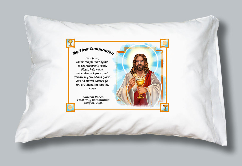 First communion prayer and picture of Jesus on a pillowcase personalized with a child's name for Sacramental gift.