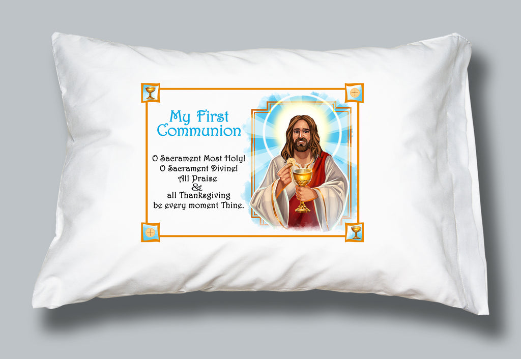 White pillowcase with image of Jesus in the Eucharist and the words My First Communion and Sacrament Most Holy prayer