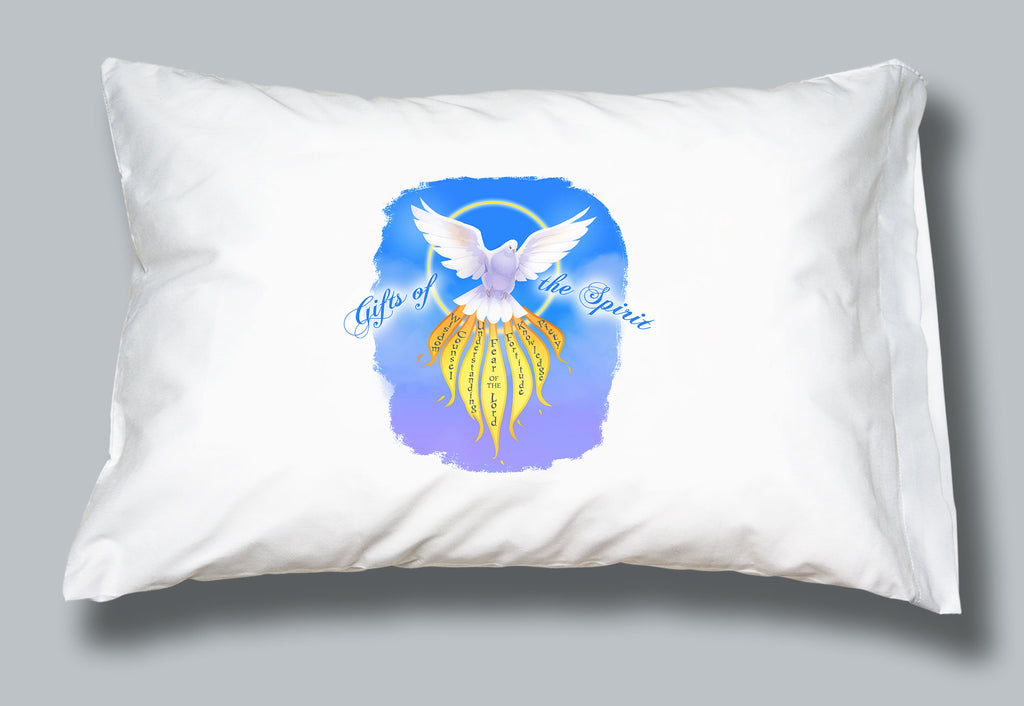 White pillowcase with image of a dove with flames featuring the gifts of the holy spirit and the words Gifts of the Holy Spirit