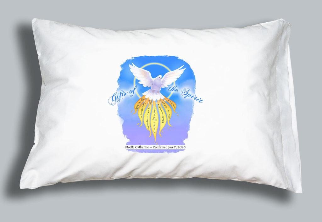 A Catholic pillowcase showing a dove and flames listing the gifts of the Holy Spirit on a white pillowcase personalized for a Confirmation Gift.