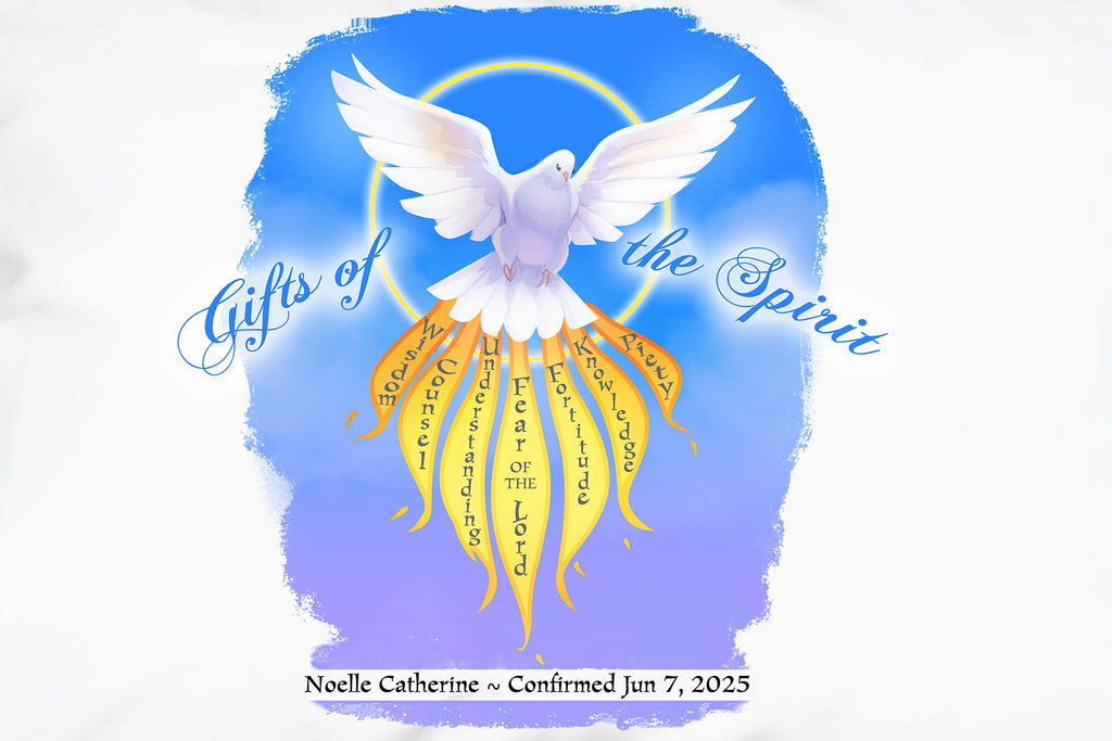 A Dove and flames showing the gifts of the Holy Spirit on a white pillowcase personalized for a Confirmation Gift