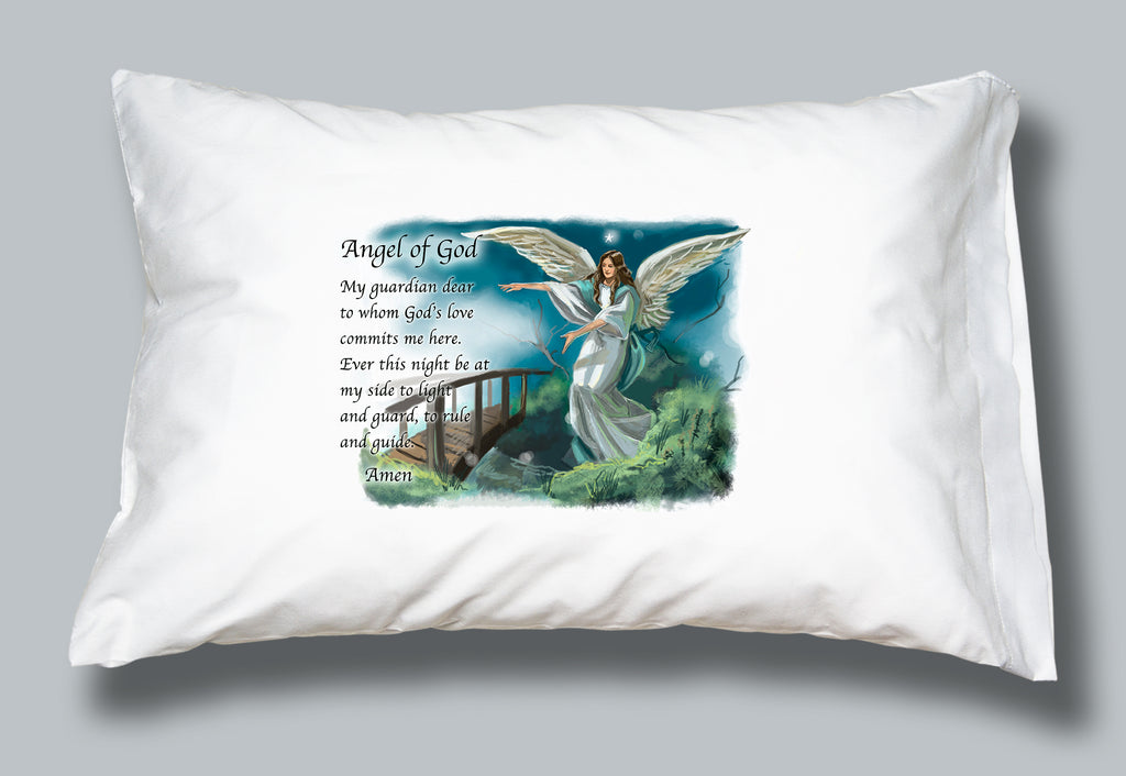 White pillowcase with image of an angel and the words of the guardian angel prayer