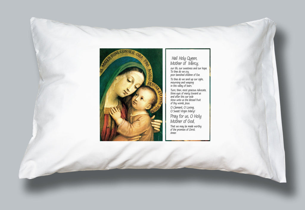 White pillowcase with an image of Mary and the infant Jesus and the words of the Hail Holy Queen prayer