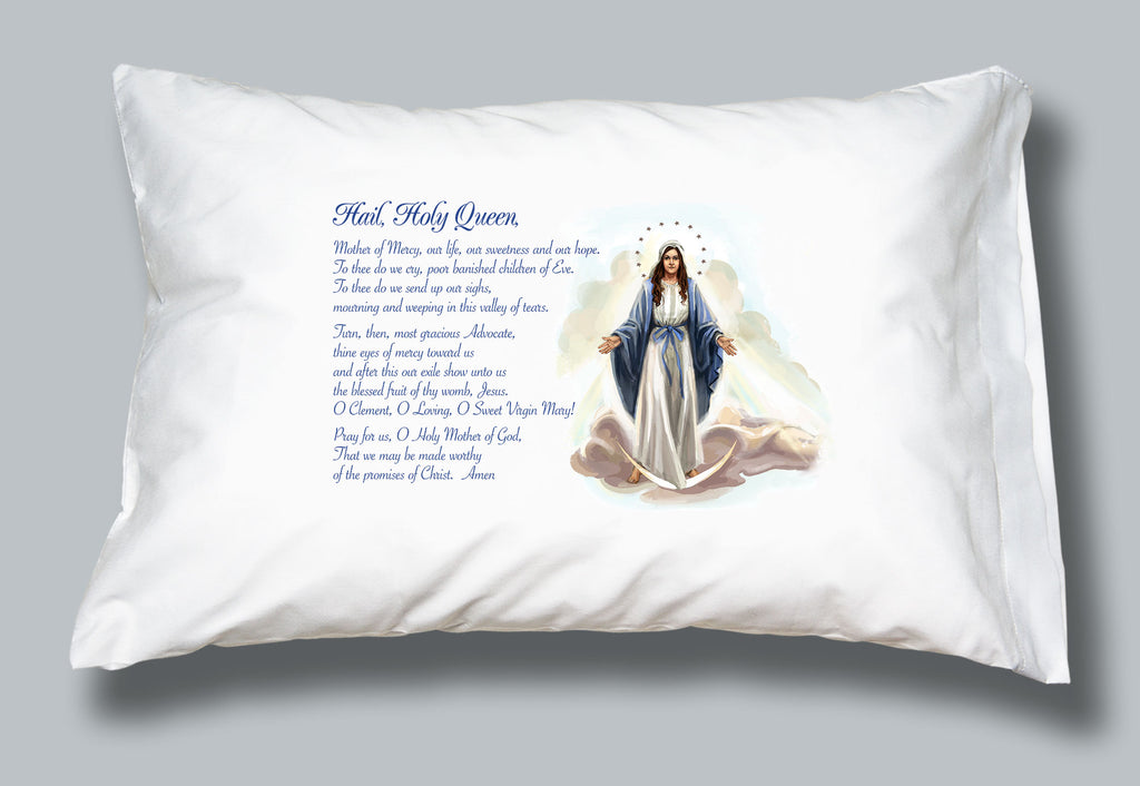 White pillowcase with an image of Mary and the words of the Hail Holy Queen prayer
