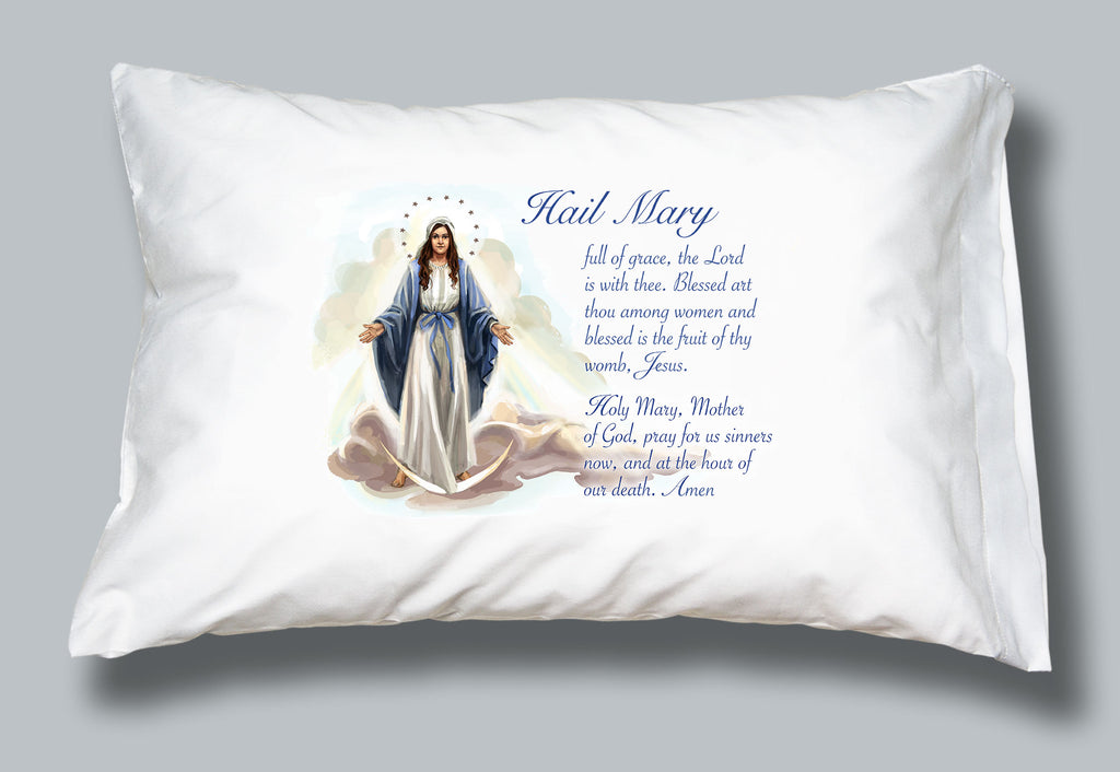 White pillowcase with an image of Mary and the words of the Hail Mary prayer