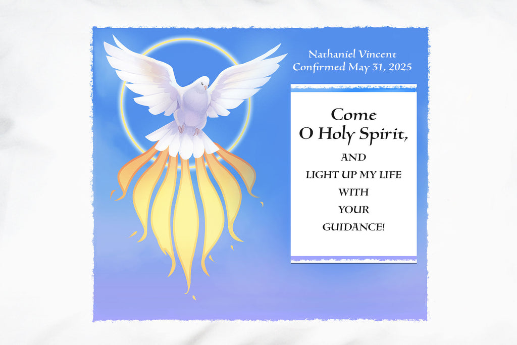 A Holy Spirit Dove and prayer on white pillow case personalized with the name and date for a Catholic teen's confirmation gift.