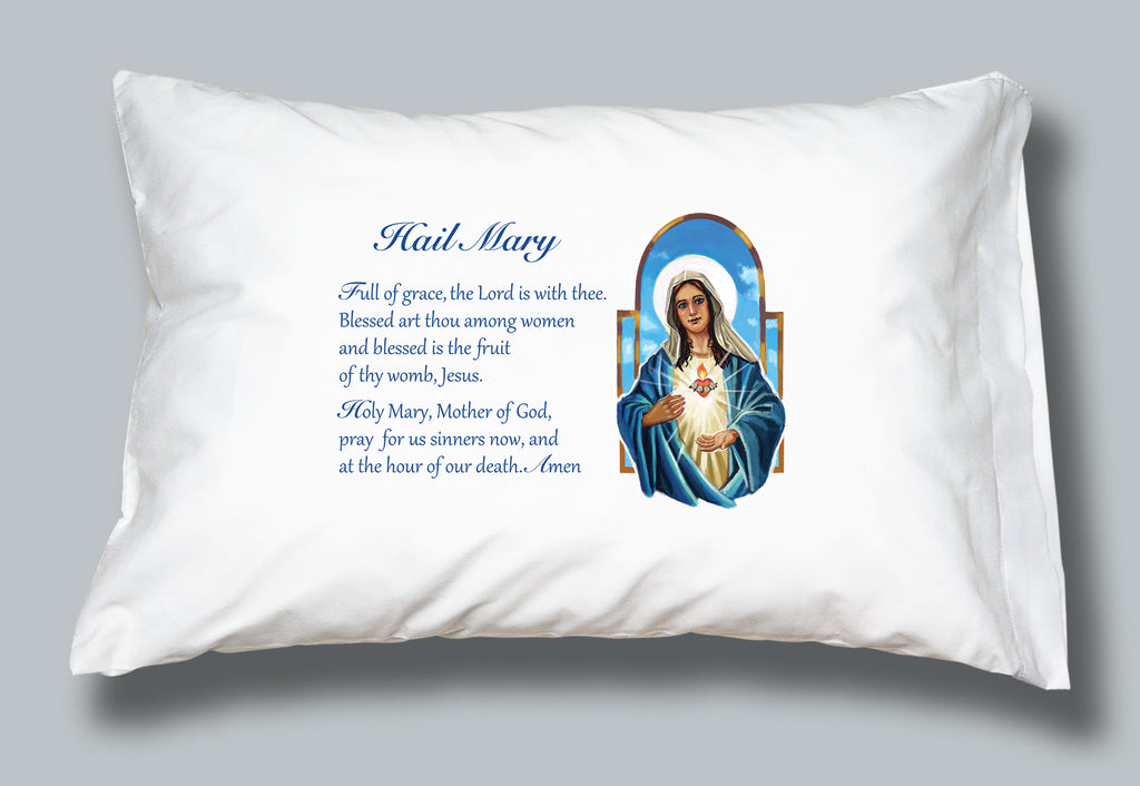 White pillowcase with image of the Blessed Mother Mary and the words of the Hail Mary prayer