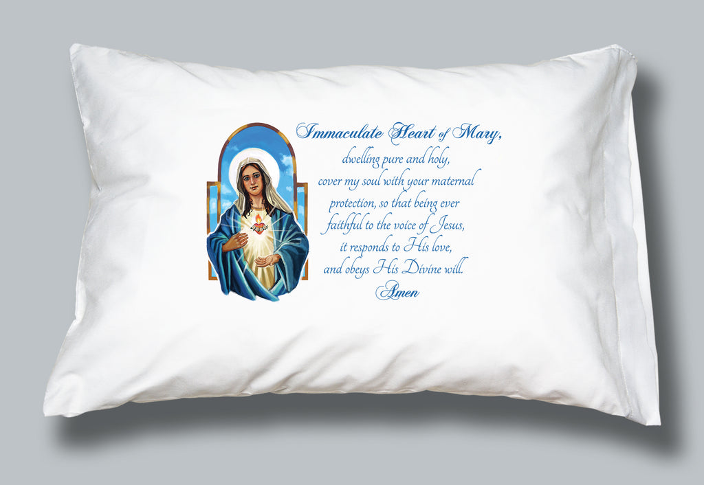 White pillowcase with image of the Blessed Mother Mary and the words of the Immaculate Heart of Mary prayer