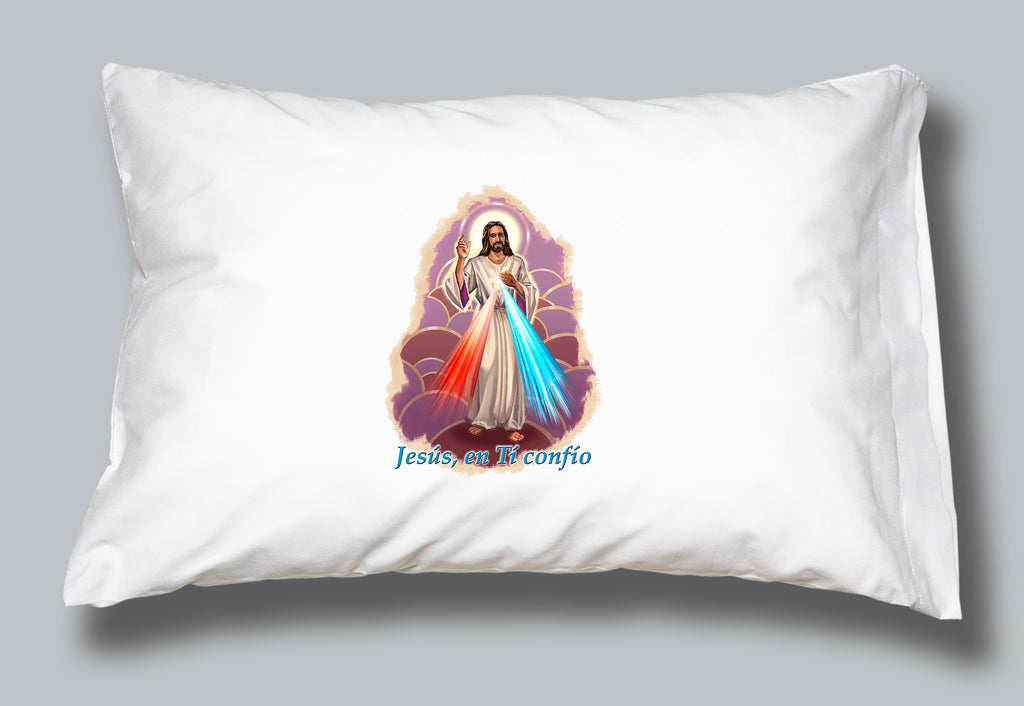 White pillowcase featuring image of Jesus and Jesus en Ti confio (Jesus, I trust in you) prayer in Spanish