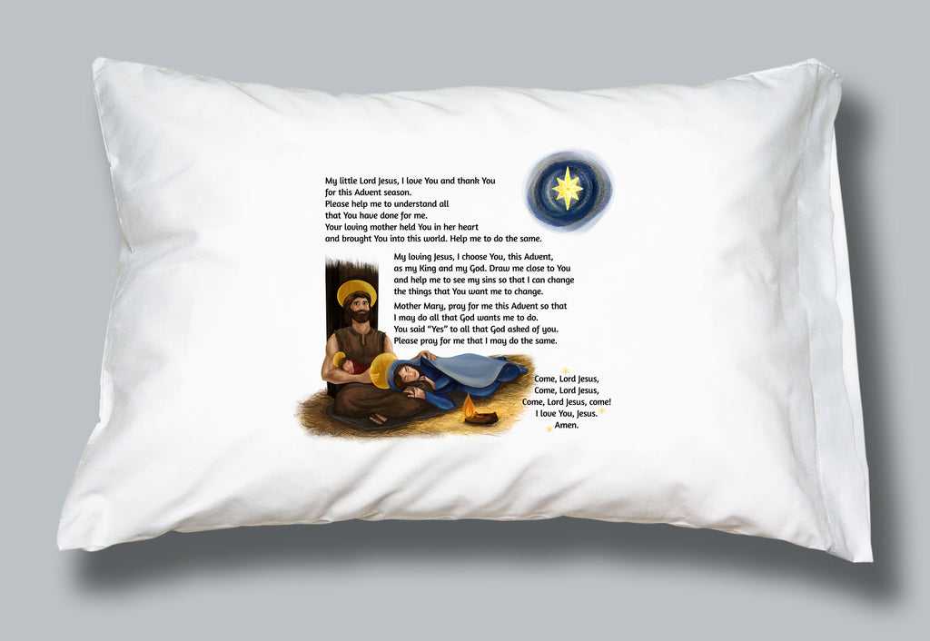 White pillowcase with image of holy family nativity scene and a child's advent prayer
