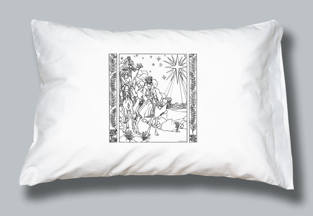 White coloring pillowcase with images of the three magi following the Christmas star