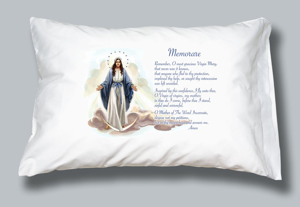 White pillowcase with an image of Mary and the words of the Memorare prayer