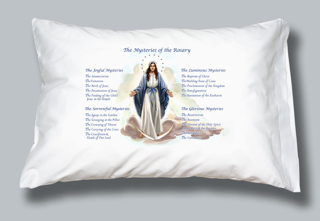 White pillowcase with an image of Mary and the words of the Mysteries of the Rosary