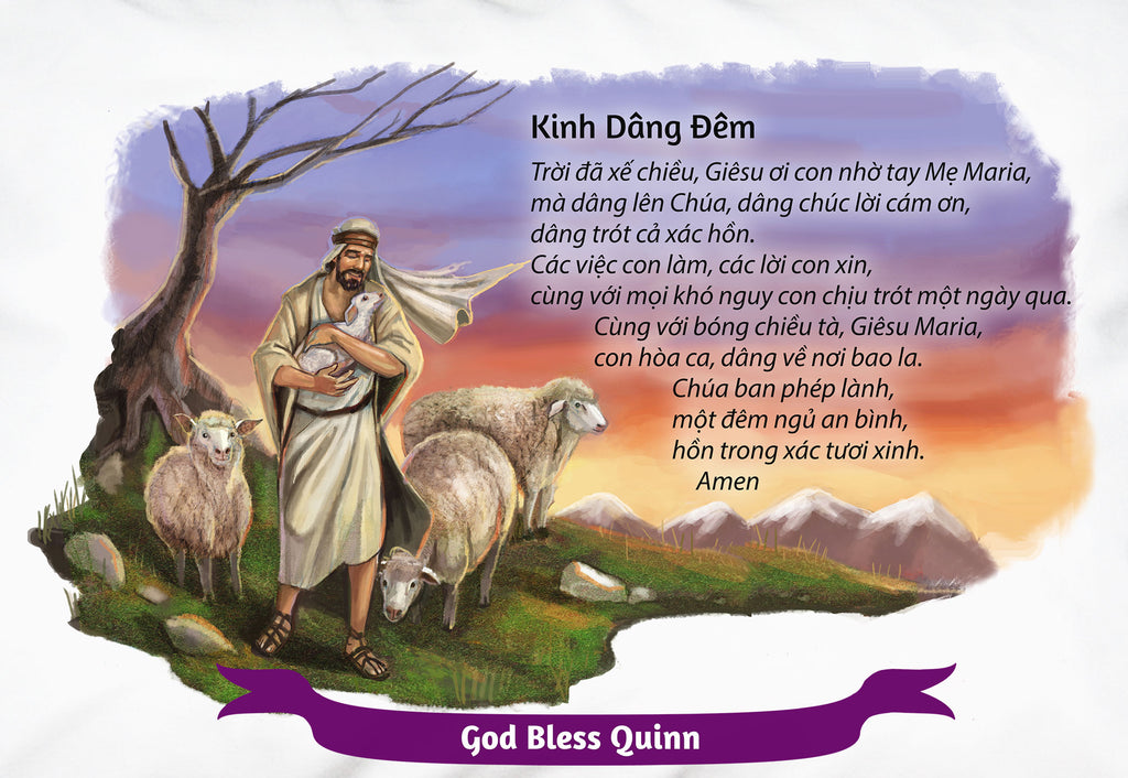 Detail of white pillowcase with Catholic Vietnamese Night Offering prayer and Good Shepherd picture, personalized.