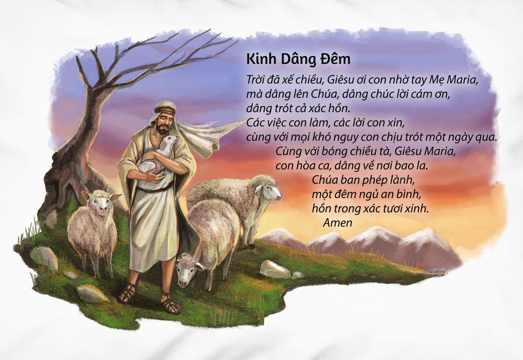 White pillowcase with Catholic Vietnamese Night Offering prayer and Good Shepherd picture.