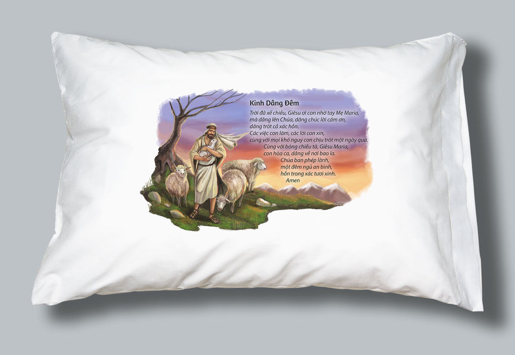 White pillowcase with Catholic Vietnamese Night Offering prayer and Good Shepherd picture.