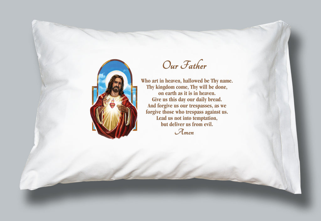 White prayer pillowcase with an image of the Sacred Heart of Jesus and the words of the Our Father prayer
