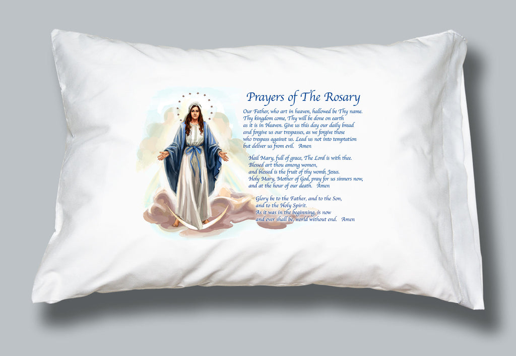 White pillowcase with an image of Mary and the Prayers of the Rosary