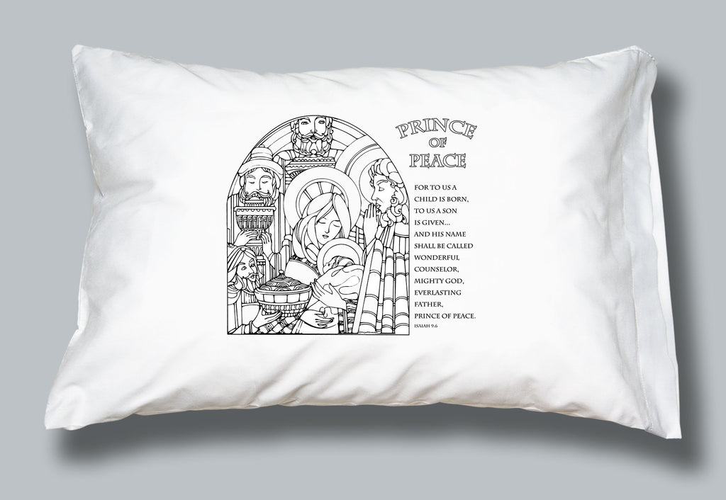 White prayer pillowcase with an image of the nativity and the three magi and the words Prince of Peace and the words of Isaiah in holy scripture