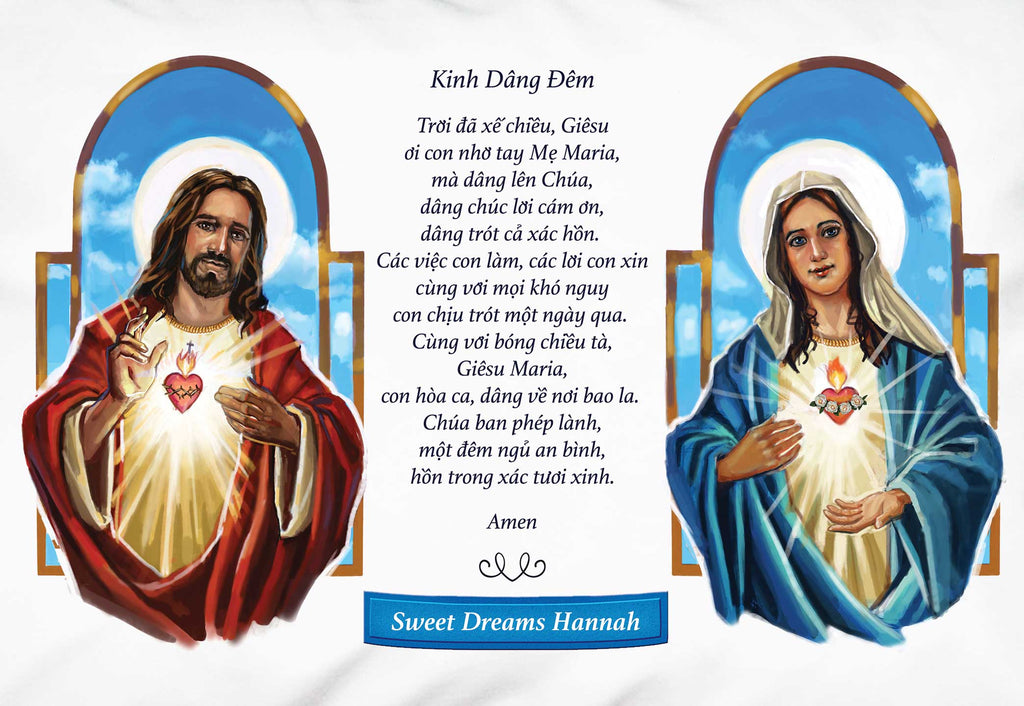 Detail of white pillowcase with personalized banner and pictures of the Sacred Heart of Jesus and the Immaculate Heart of Mary with a prayer in Vietnamese.