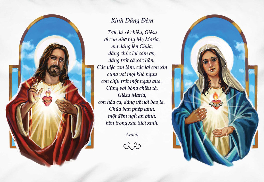 Detail of white pillowcase with images of the Sacred Heart of Jesus and the Immaculate Heart of Mary with a prayer in Vietnamese.