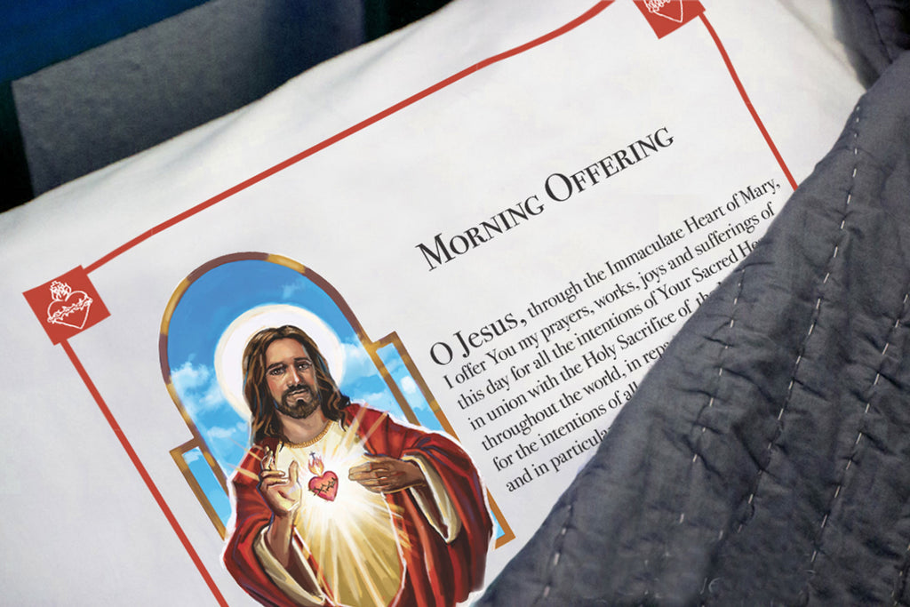 Offer your self and your day to God with the Morning Offering prayer on this Catholic pillowcase.