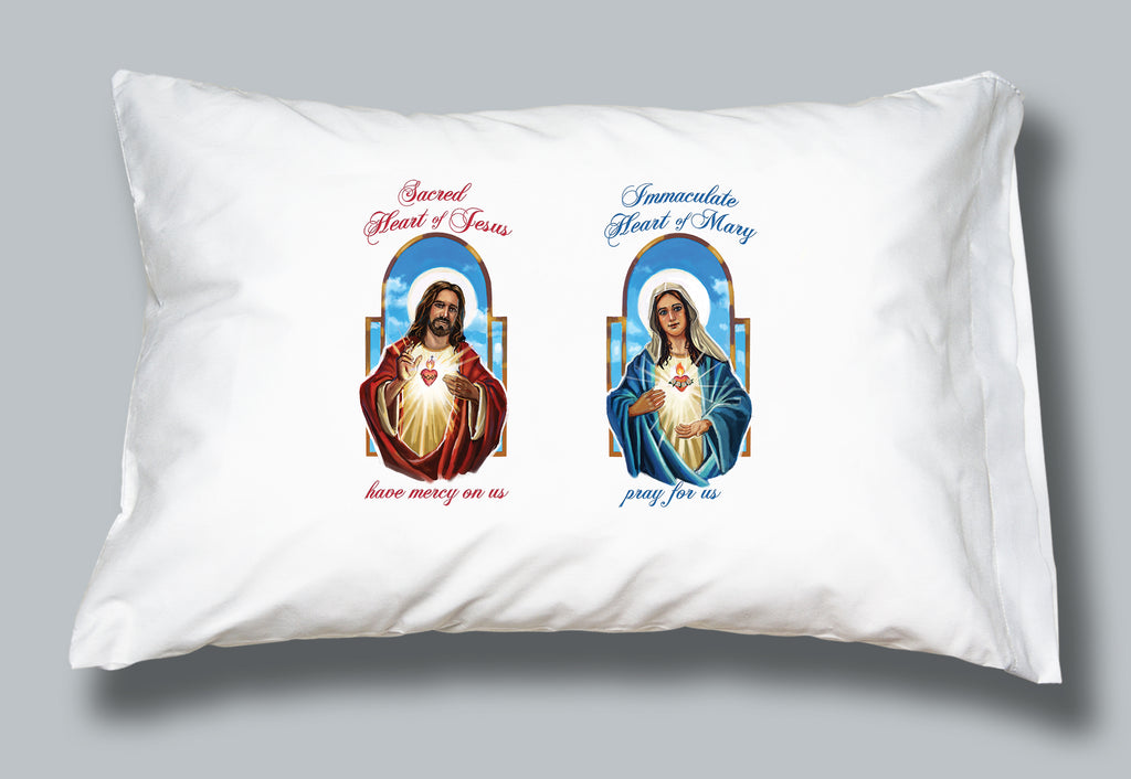 White prayer pillowcase with images of the Sacred Heart of Jesus and the Immaculate Heart of Mary