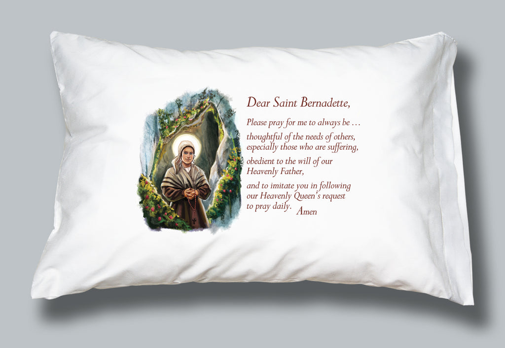 White pillowcase with image and prayer of St Bernadette