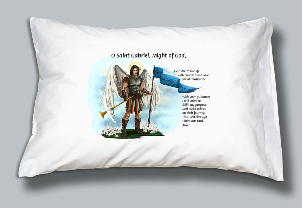 White pillowcase with image and prayer of St Gabriel the Archangel