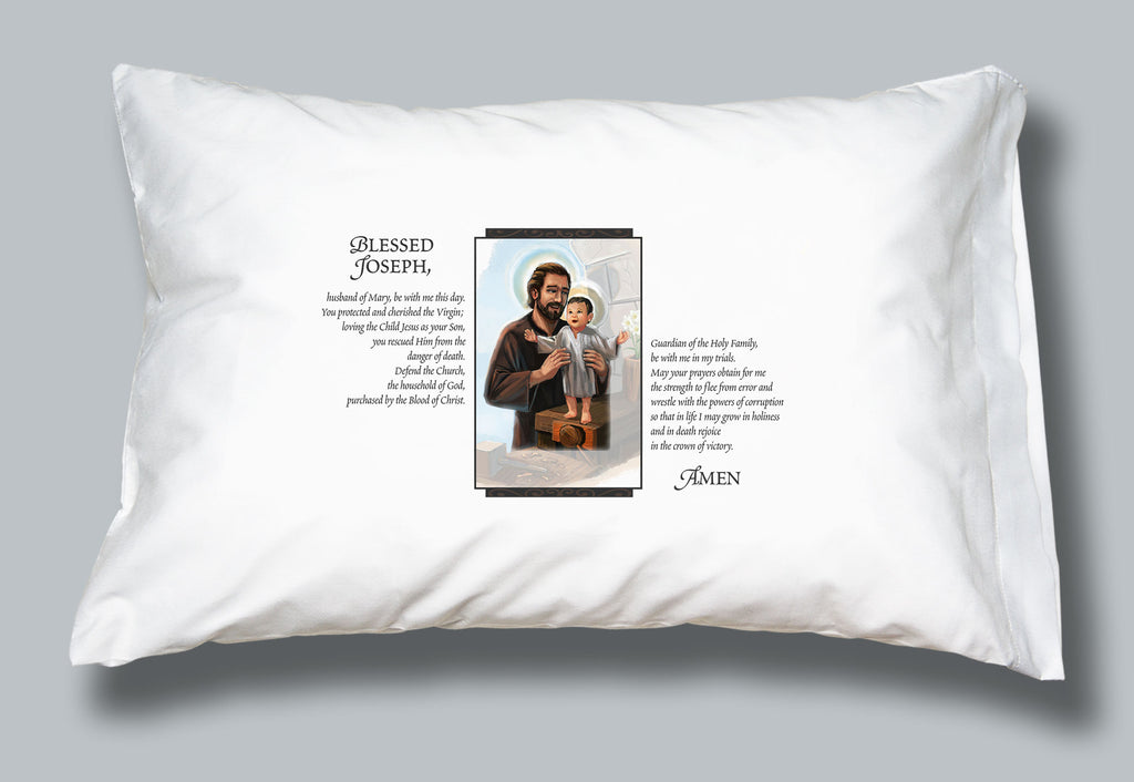 White pillowcase with image and prayer of St Joseph by Pope Leo XIII