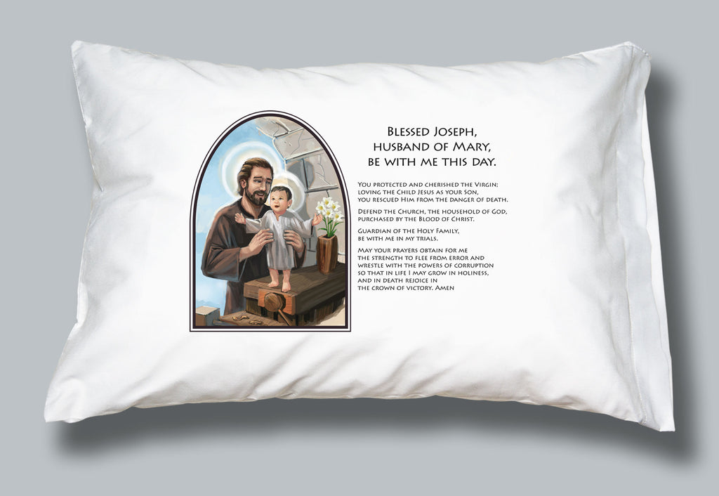 White pillowcase with image and prayer of St Joseph and morning offering