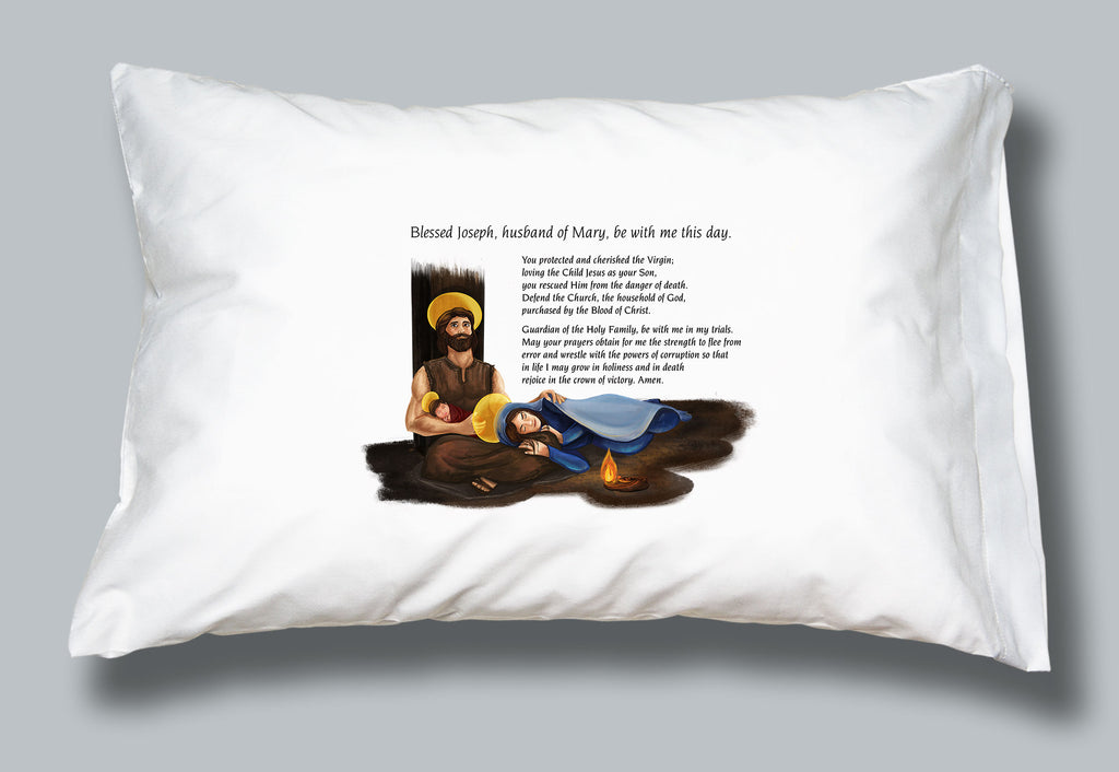 White pillowcase with image of the holy family and prayer of St Joseph morning offering