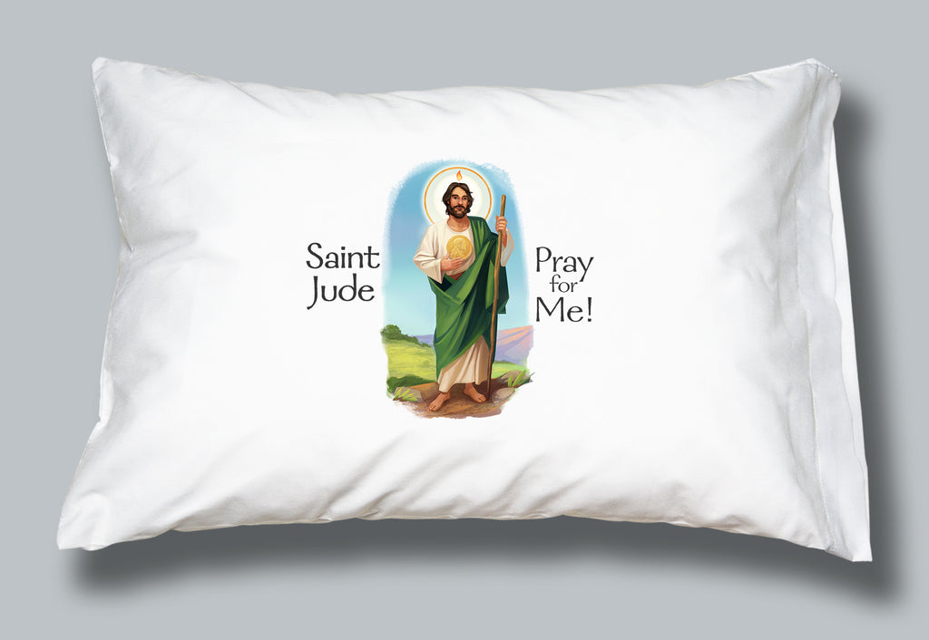 White pillowcase with image and prayer of St Jude