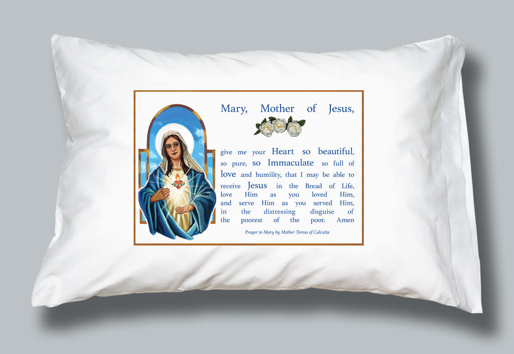 White pillowcase with image of the Blessed Virgin Mary and Saint Mother Teresa of Calcutta's prayer to Mary, Mother of Jesus